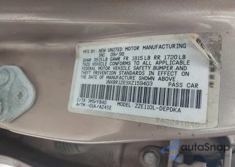 1999 Toyota Corolla Ce из США, поврежденный, VIN 1NXBR12E9XZ159403